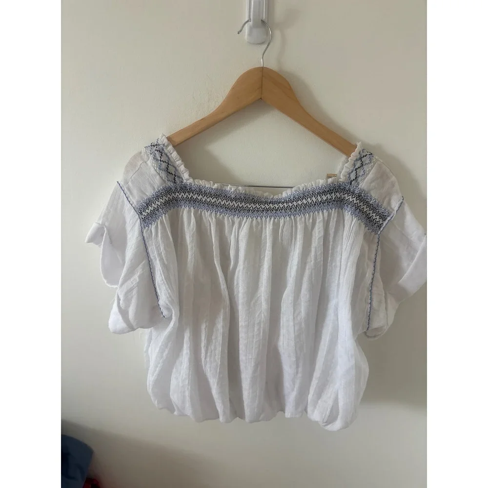 Free People White Smocked Embroidered Gauze Boho Crop Top Size S